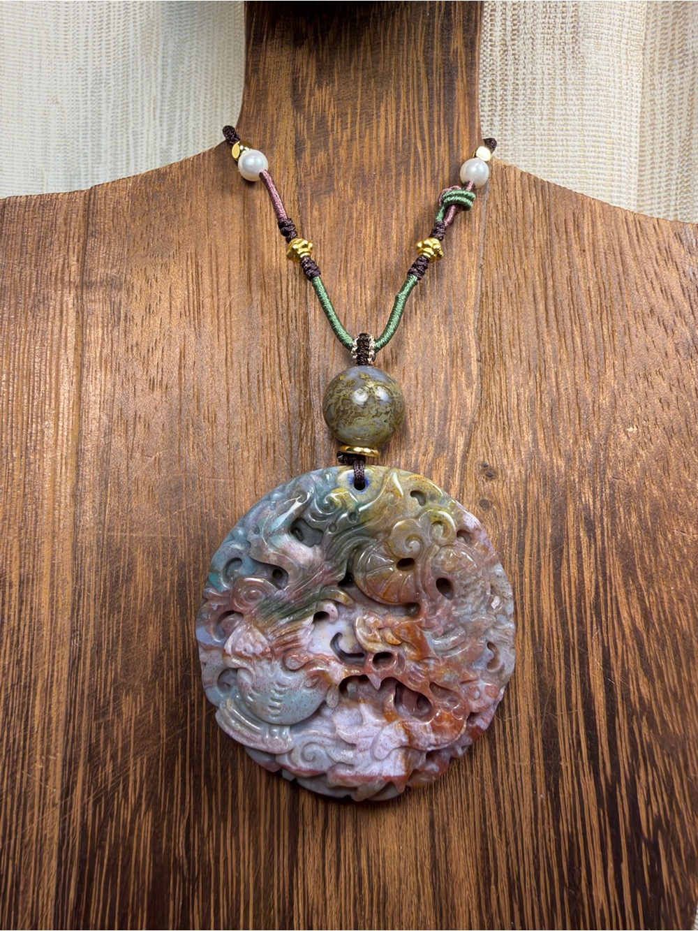 Ocean Jasper Dragon and Phoenix Carving Pendant Necklace with Moss Agate on Rope